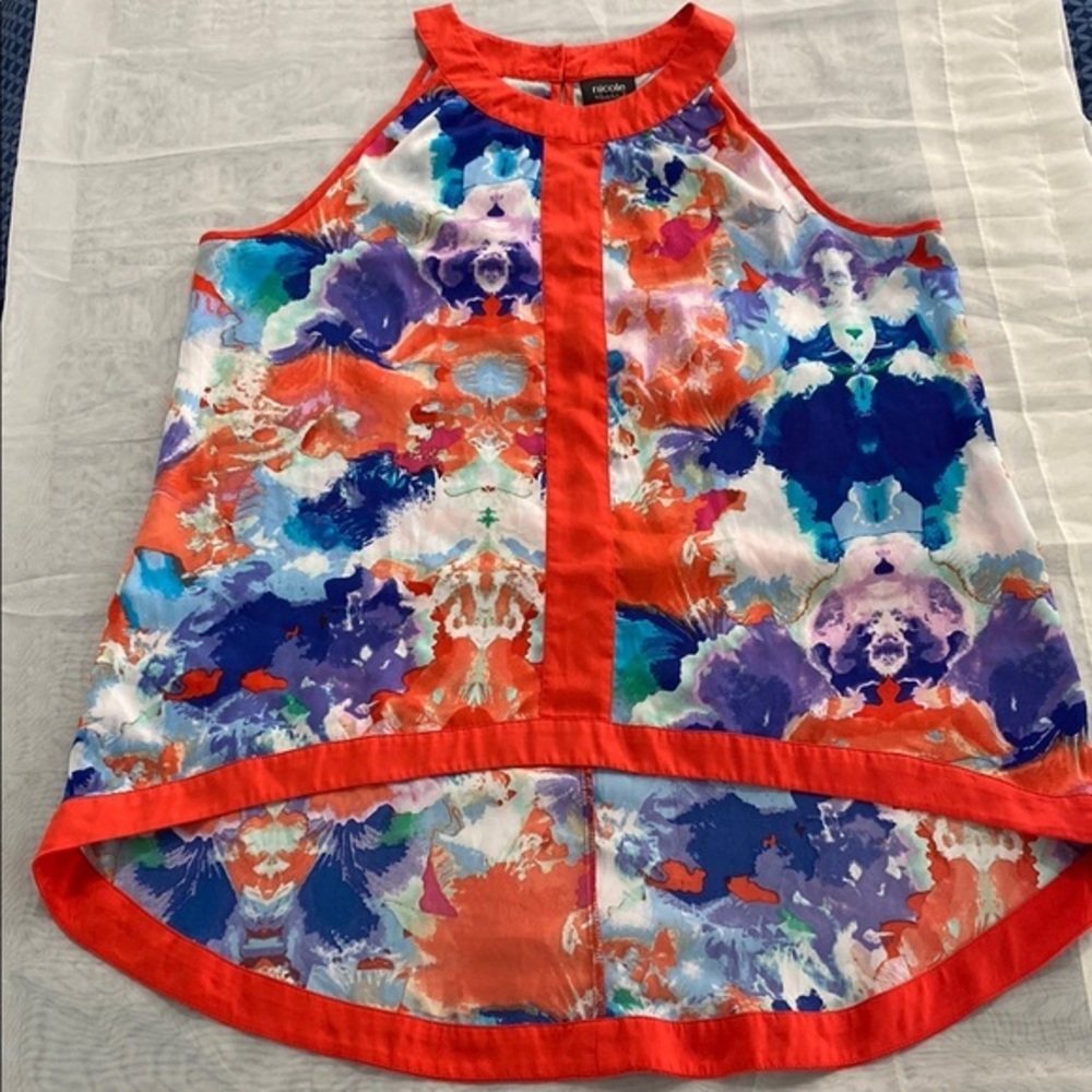 Nicole by Nicole Miller Orange Blue Graphic Asymmetrical Tank - Picture 2 of 12